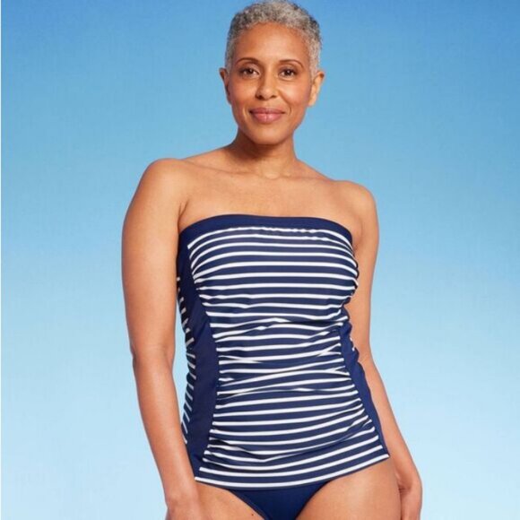 Lands' End Women's UPF 50 Striped Bandeau Tankini Top - Navy Blue XS 2-4 - Picture 1 of 6